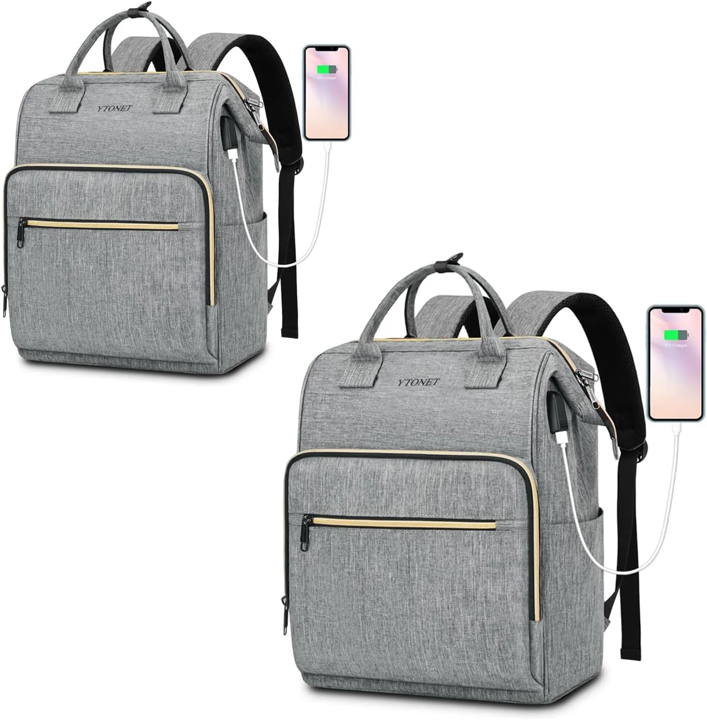 Ytonet Laptop Backpack for Women, Travel Work Bag with RFID USB Port, Wide Open Anti-Theft Large Nurse Teacher College School Bookbag, Water Resistant Business Computer Backpack Purse, Grey