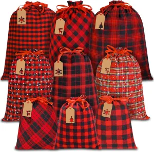YUJUN 9PCS Christmas Drawstring Bags - Cotton Buffalo Plaid Sacks in Red and Black - 3 Sizes With Kraft Tags for Xmas Candy, Goodie, Holiday Party Favors, Wrapping and Storage