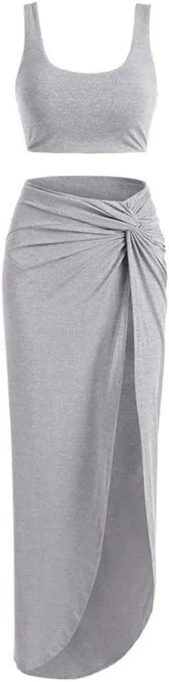 ZAFUL Women's Casual Sleeveless Summer Solid Marled Crop Top and Draped Ruched Maxi Skirt Set Two Piece Dress