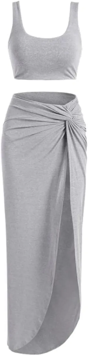 ZAFUL Women's Casual Sleeveless Summer Solid Marled Crop Top and Draped Ruched Maxi Skirt Set Two Piece Dress
