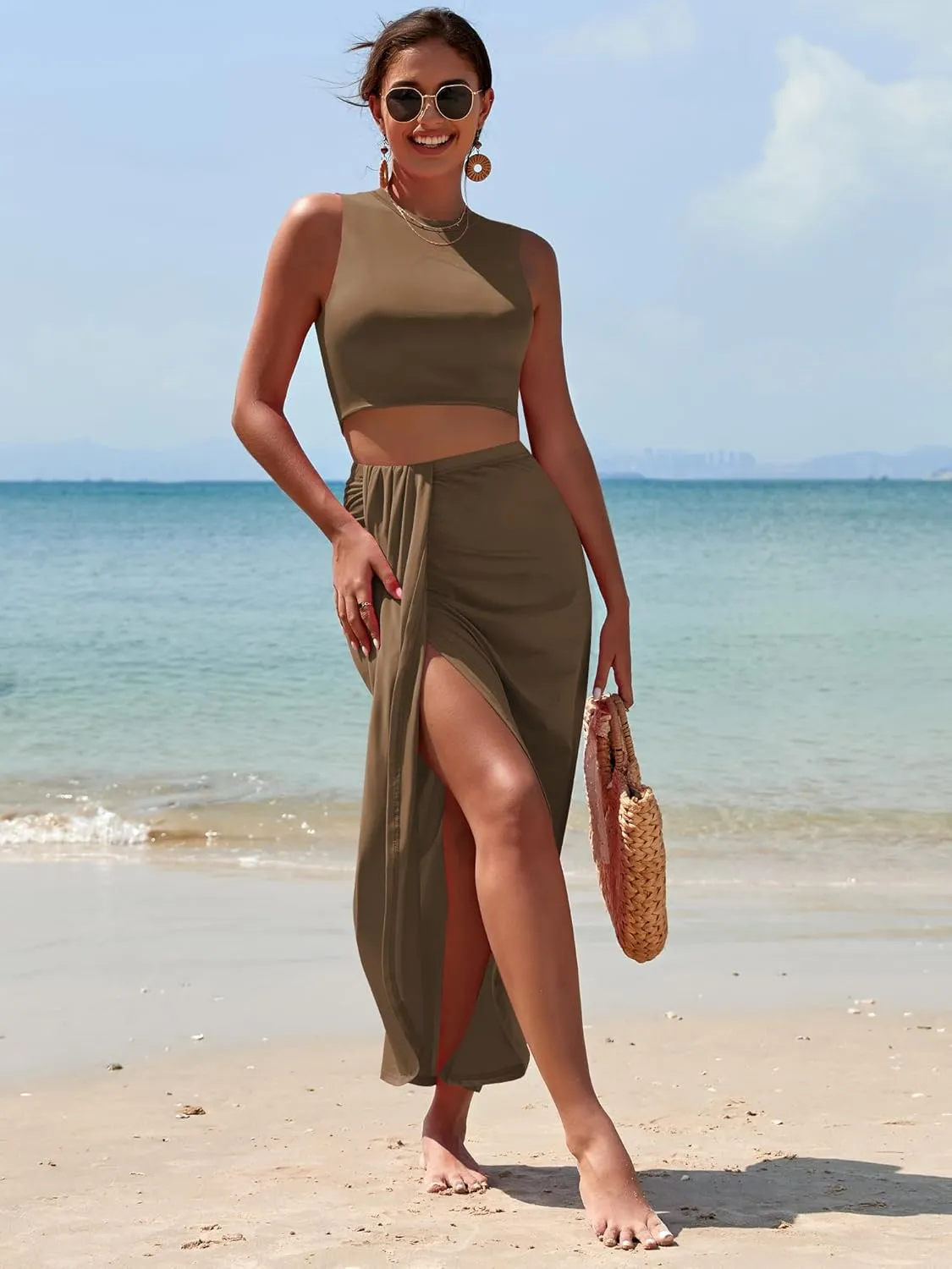 ZAFUL Women's Casual Sleeveless Summer Two Piece Outfits Crop Top and Side Split Draped Ruched Maxi Skirt Set Solid Suiting