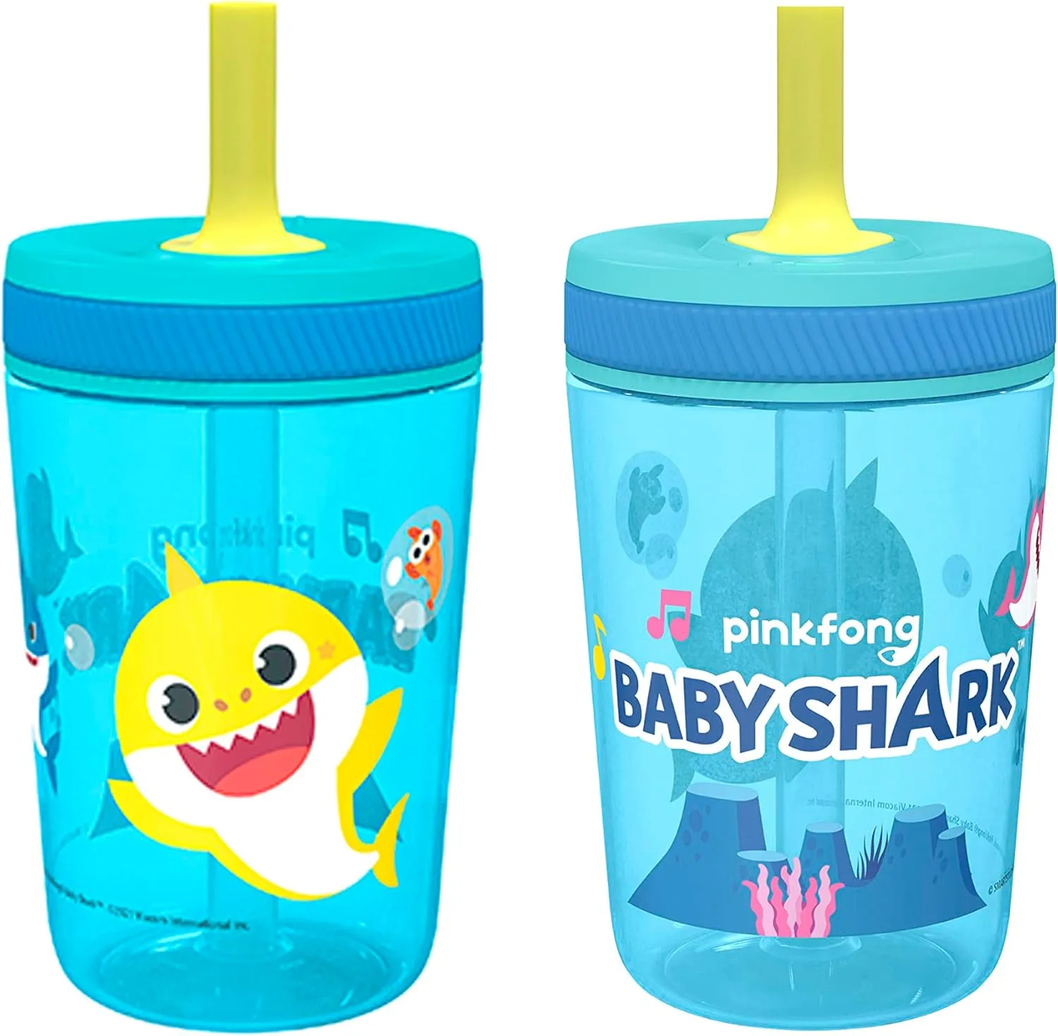 Zak Designs 15oz Baby Shark Kelso Tumbler Set, Leak-Proof Screw-On Lid with Straw Made of Durable Plastic and Silicone, Perfect Bundle for Kids (2pcs Set)
