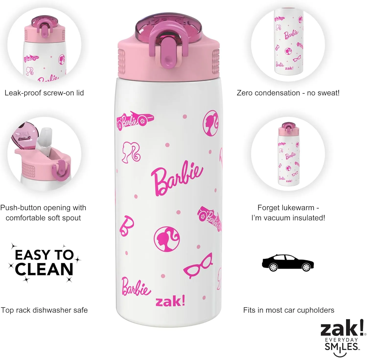 Zak Designs Barbie Water Bottle for Travel and At Home, 19 oz Vacuum Insulated Stainless Steel with Locking Spout Cover, Built-In Carrying Loop, Leak-Proof Design (Barbie)