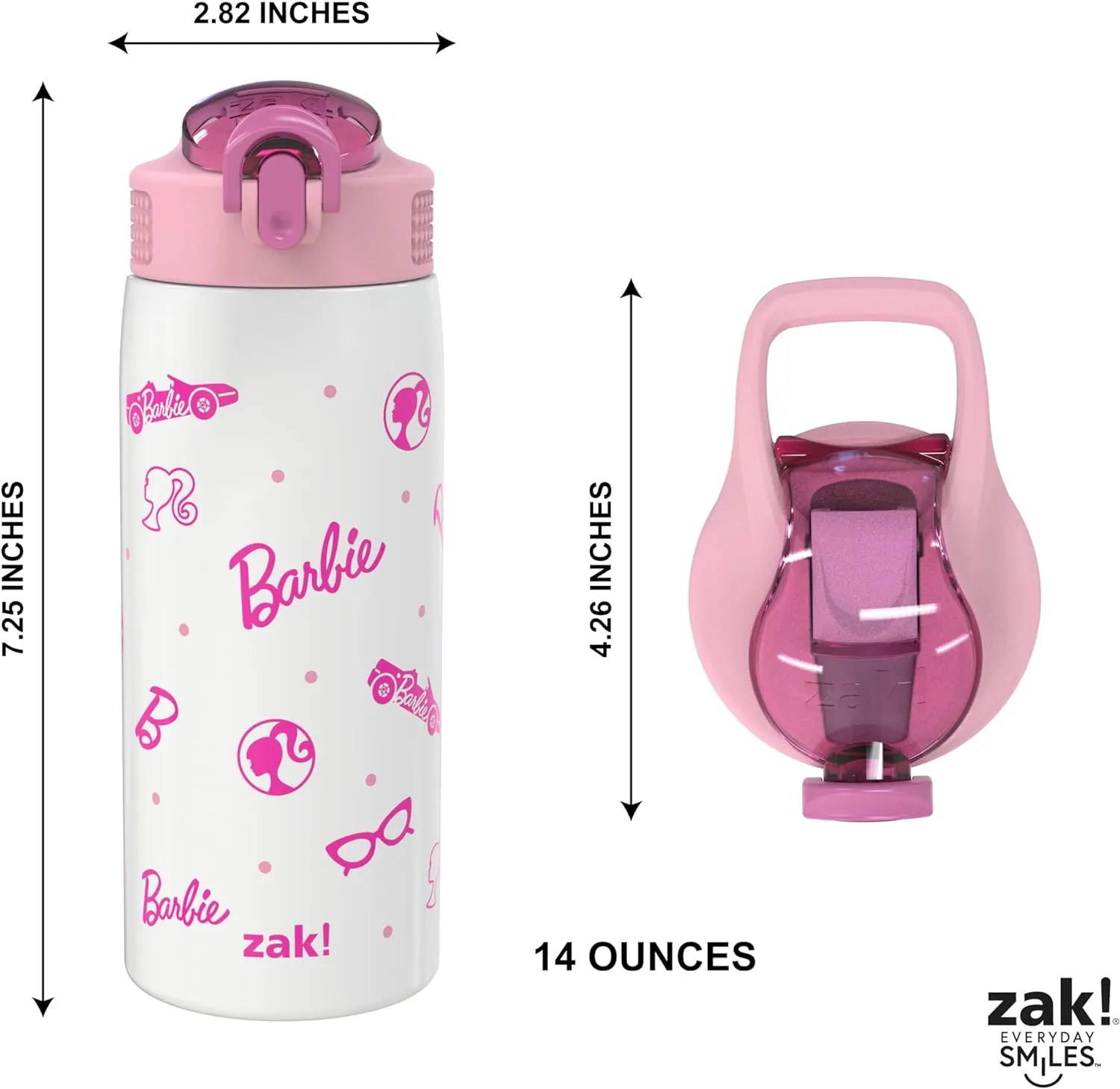 Zak Designs Barbie Water Bottle for Travel and At Home, 19 oz Vacuum Insulated Stainless Steel with Locking Spout Cover, Built-In Carrying Loop, Leak-Proof Design (Barbie)