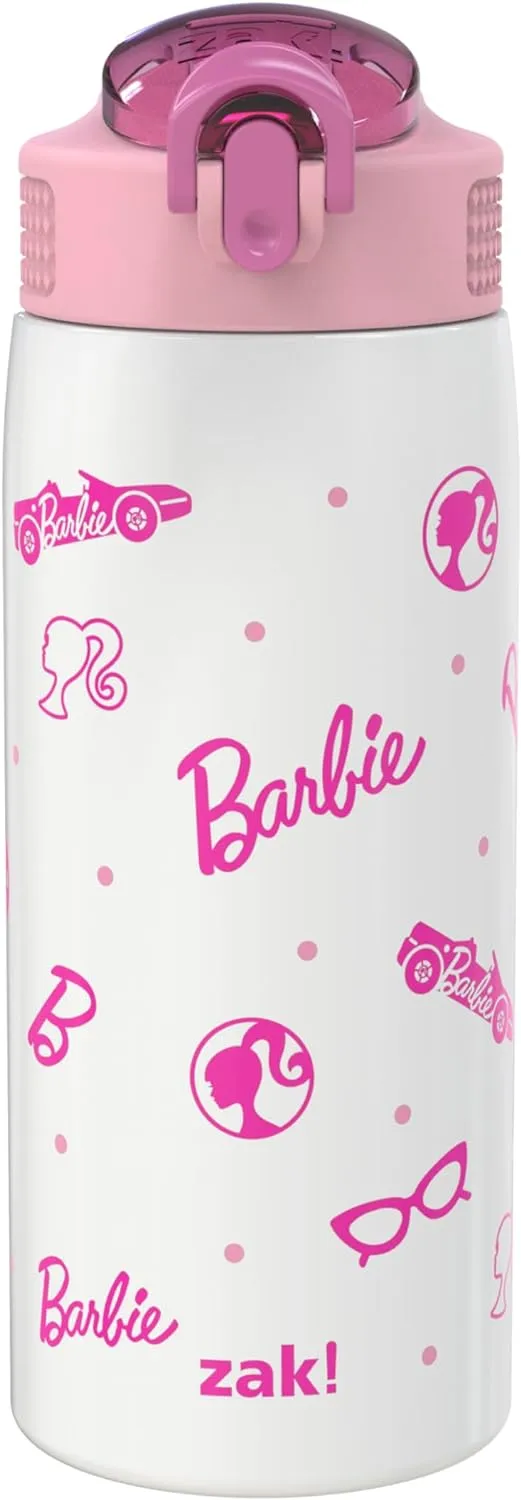 Zak Designs Barbie Water Bottle for Travel and At Home, 19 oz Vacuum Insulated Stainless Steel with Locking Spout Cover, Built-In Carrying Loop, Leak-Proof Design (Barbie)