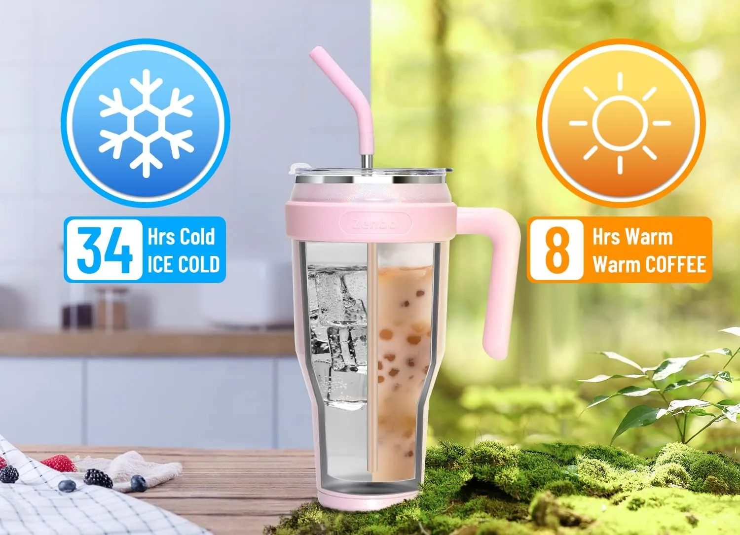 Zenbo 40 oz Glitter Tumbler with Handle, Leak-Proof Lid & Straw - Stainless Steel Insulated Cup, Keeps Cold for 34 Hrs, Car Cup Holder Compatible, Dishwasher Safe, BPA Free