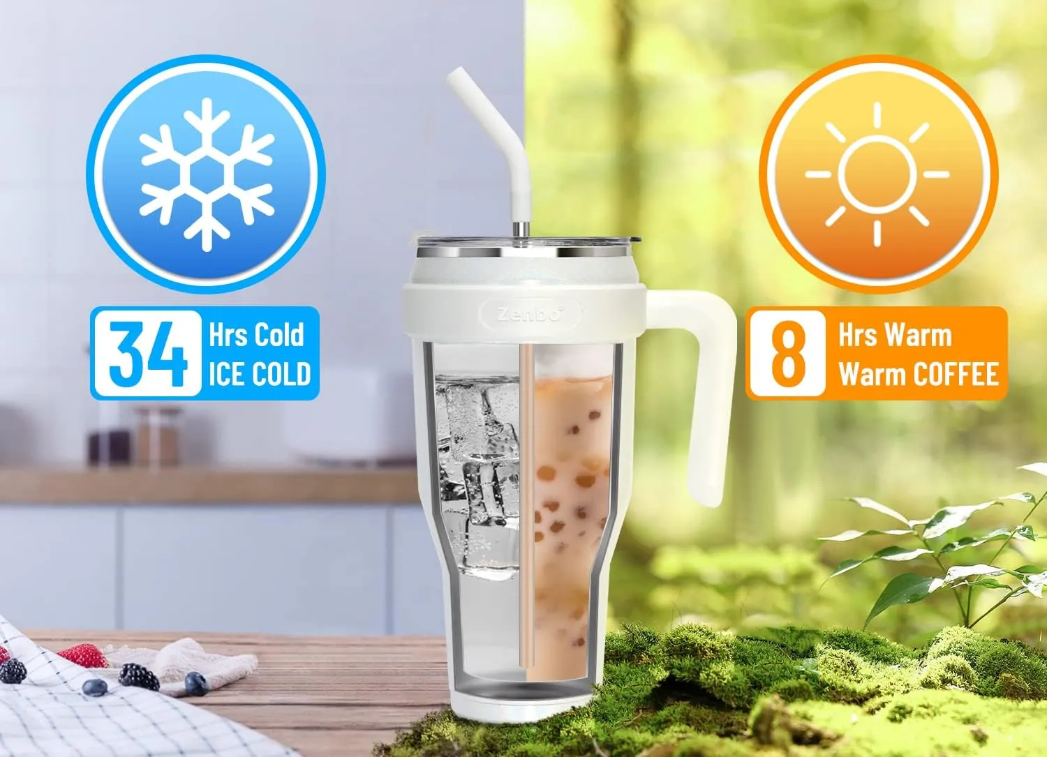 Zenbo 40 oz Glitter Tumbler with Handle, Leak-Proof Lid & Straw - Stainless Steel Insulated Cup, Keeps Cold for 34 Hrs, Car Cup Holder Compatible, Dishwasher Safe, BPA Free