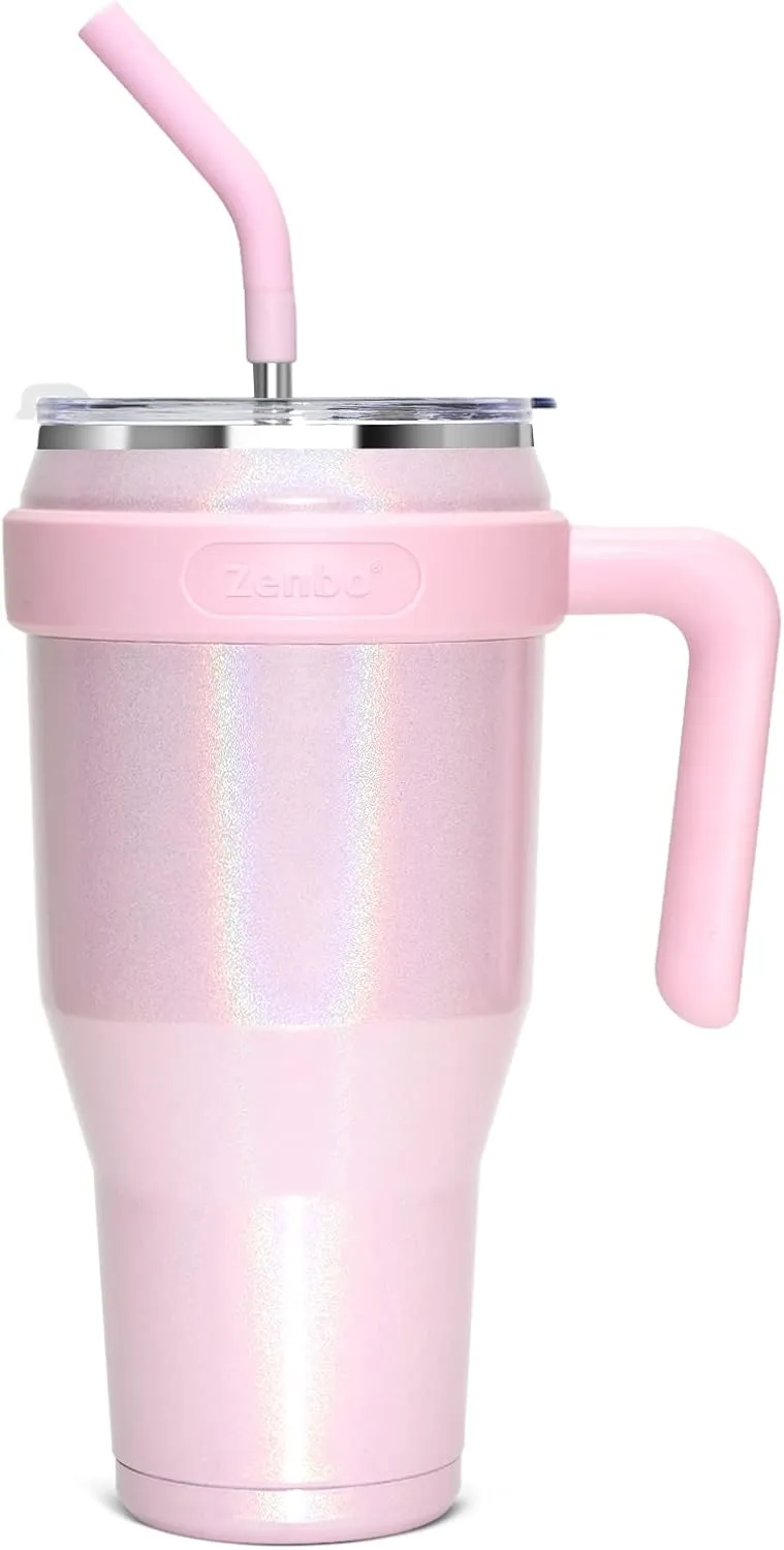 Zenbo 40 oz Glitter Tumbler with Handle, Leak-Proof Lid & Straw - Stainless Steel Insulated Cup, Keeps Cold for 34 Hrs, Car Cup Holder Compatible, Dishwasher Safe, BPA Free