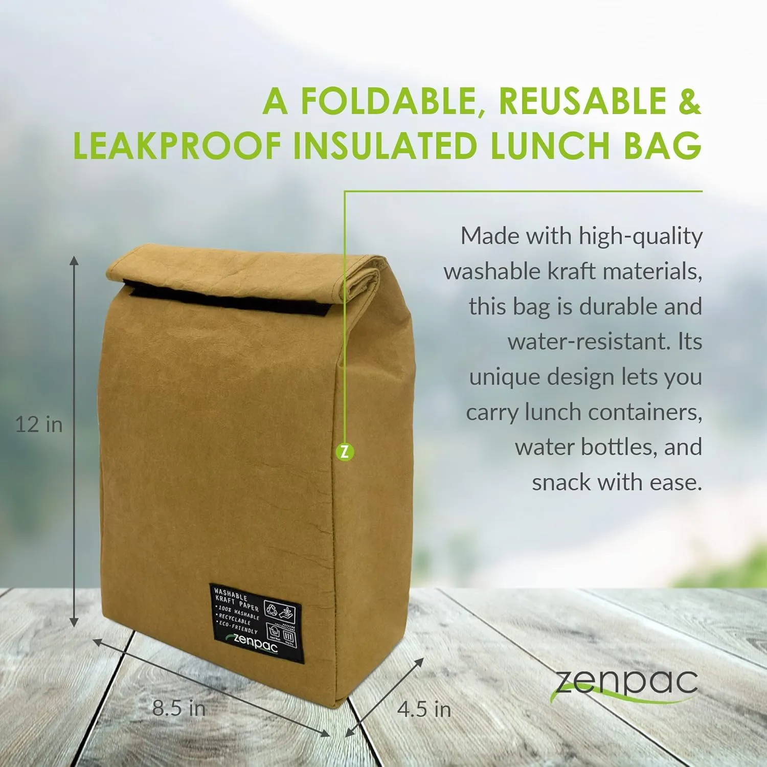 ZENPAC Small Brown Lunch Bag, Reusable & Washable Kraft, Leakproof Sack for Work, School, Picnic, Food, Beverages, Snacks, Travel, 8.5x4.5x12
