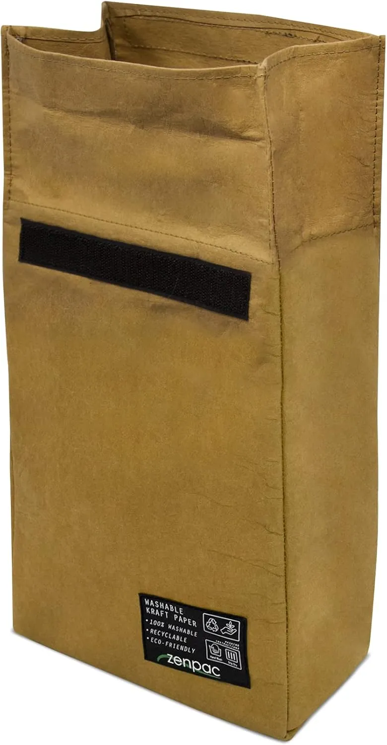 ZENPAC Small Brown Lunch Bag, Reusable & Washable Kraft, Leakproof Sack for Work, School, Picnic, Food, Beverages, Snacks, Travel, 8.5x4.5x12